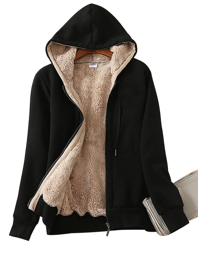 Yeokou Women's Casual Full Zip Up Sherpa Lined Hoodie Sweatshirt Jacket Coat (Small, Black) - Image 5