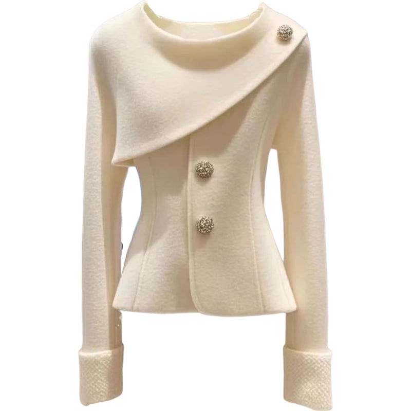 XNC Women's Fitted Crewneck Long Sleeve White Plain Front Button Pullover Coat 2025 Spring Winter Fashion Inelastic Outfits - Image 1