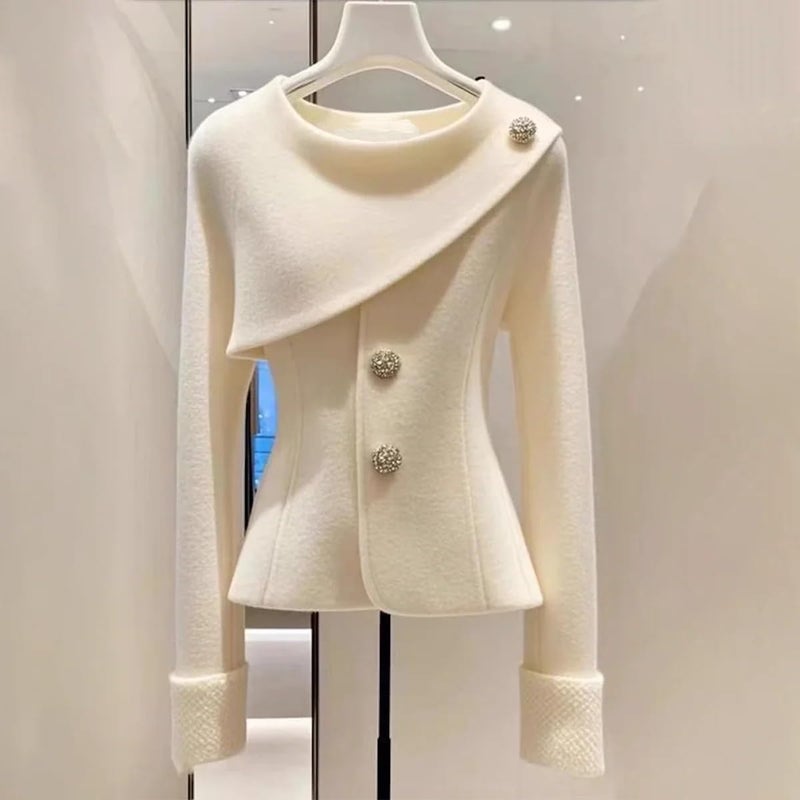 XNC Women's Fitted Crewneck Long Sleeve White Plain Front Button Pullover Coat 2025 Spring Winter Fashion Inelastic Outfits - Image 3