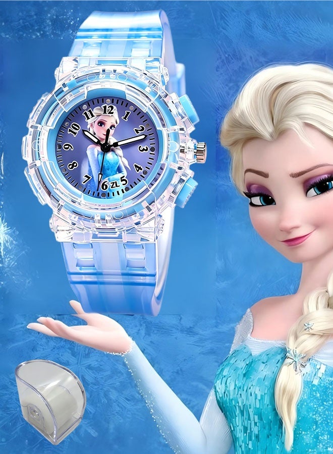 Disney Frozen Elsa girls' watch, children's cartoon digital watch, children's colorful glowing cartoon quartz watch (with box) - Image 1