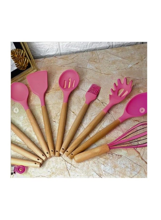 Silicone Cooking Utensils 13 Pieces- Long Wooden Handles, ( Pink ) - Image 4