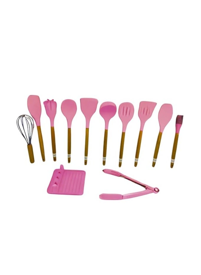 Silicone Cooking Utensils 13 Pieces- Long Wooden Handles, ( Pink ) - Image 1