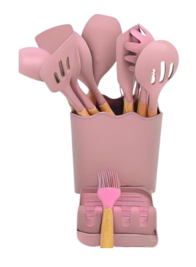Silicone Cooking Utensils 13 Pieces- Long Wooden Handles, ( Pink ) - Image 3