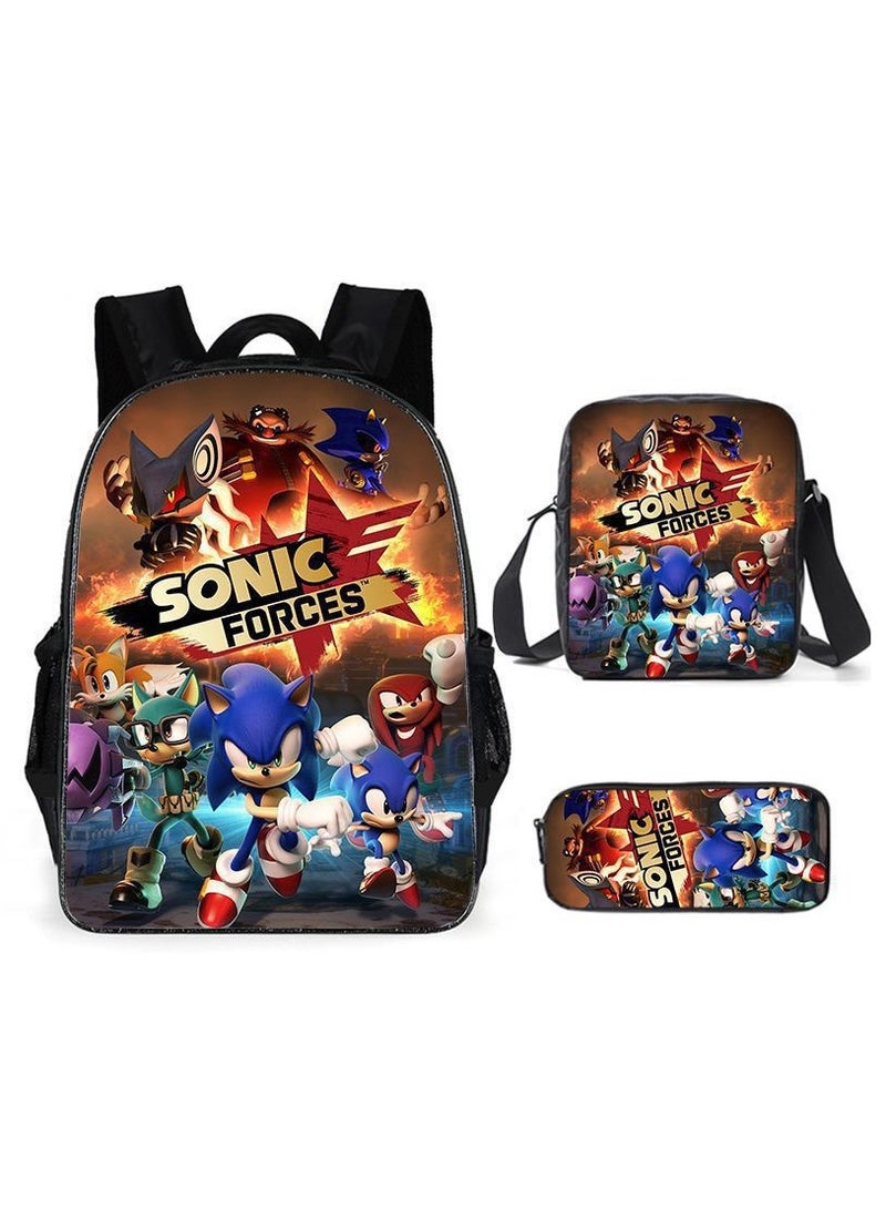 Sonic student large capacity backpack three piece set, anime cartoon backpack, shoulder bag pen bag