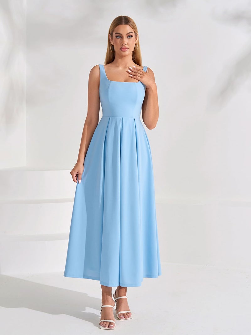 EYNMIN Wedding Guest Dresses for Women 2026 Summer Spring Square Neck Flowy A Line Elegant Midi Formal Dress Blue - Image 5