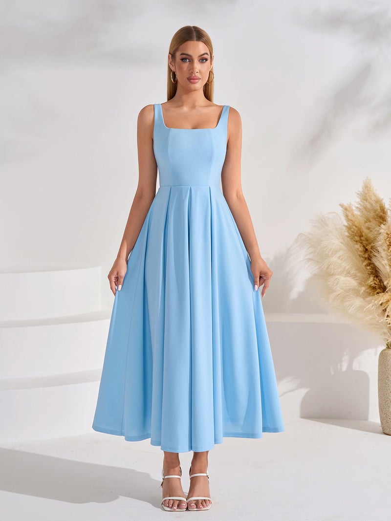 EYNMIN Wedding Guest Dresses for Women 2026 Summer Spring Square Neck Flowy A Line Elegant Midi Formal Dress Blue - Image 4