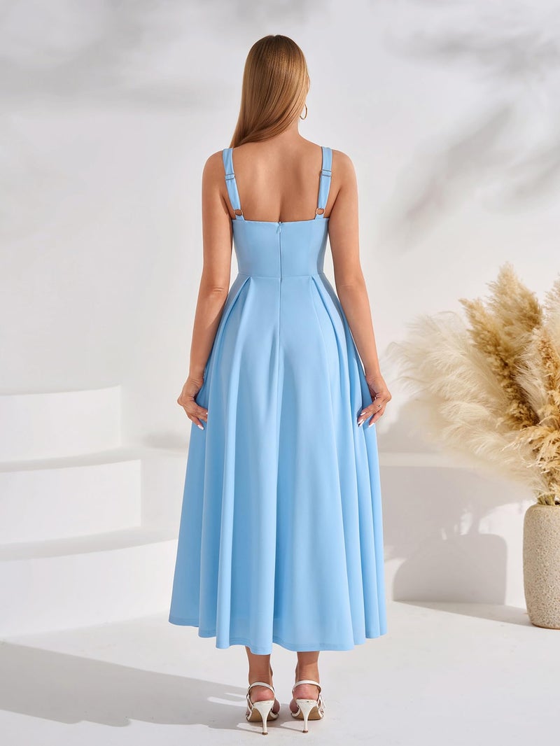 EYNMIN Wedding Guest Dresses for Women 2026 Summer Spring Square Neck Flowy A Line Elegant Midi Formal Dress Blue - Image 3