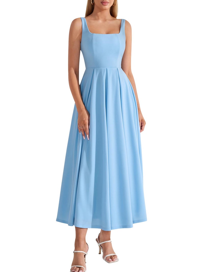 EYNMIN Wedding Guest Dresses for Women 2026 Summer Spring Square Neck Flowy A Line Elegant Midi Formal Dress Blue - Image 1