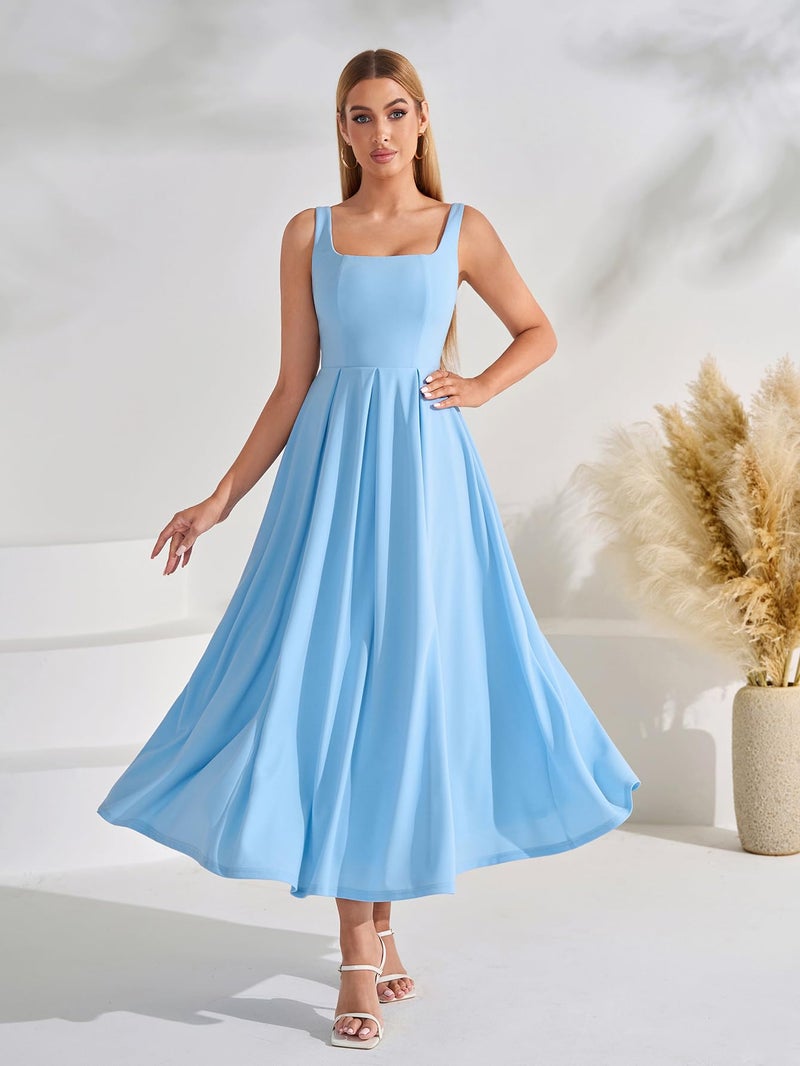 EYNMIN Wedding Guest Dresses for Women 2026 Summer Spring Square Neck Flowy A Line Elegant Midi Formal Dress Blue - Image 2