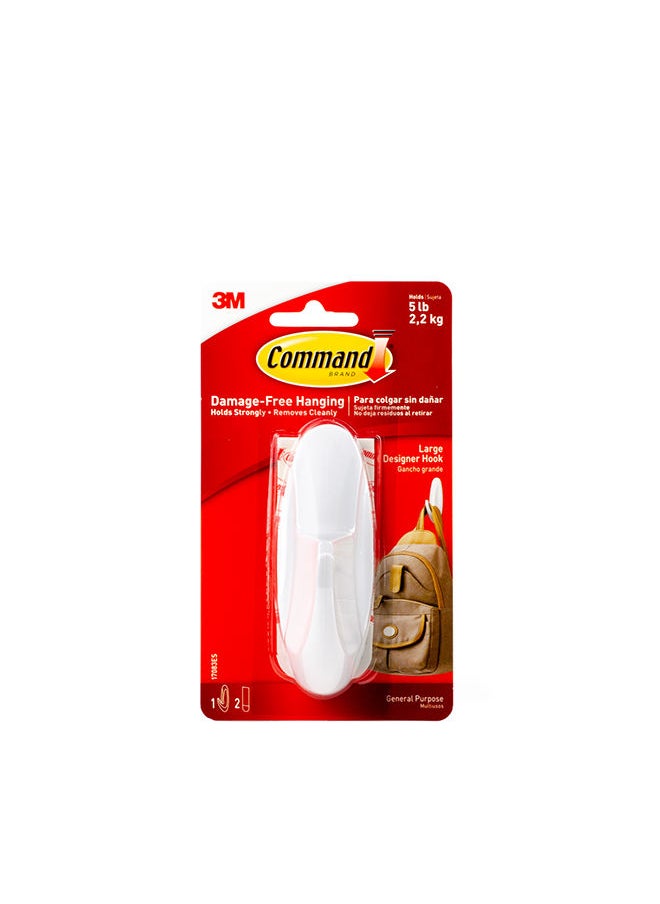 Command - Command 17083ES Designer Hook with strips, Large, Holds 2.2 Kg. each hook, white color. 1 hook and 2 strips/pack - Image 1