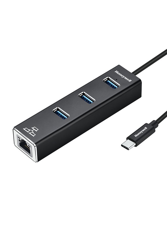 Honeywell 4In1 Type C 3.1 To Usb Hub 3.0 With Rj45 Gigabit Ethernet Adapter 3X3.0 Usb Ports Transfer Speed 5Gbps 1Gbps Bandwidth Compatible With All Type C Macbooks Laptops Pcs Tablets Black Black - Image 1
