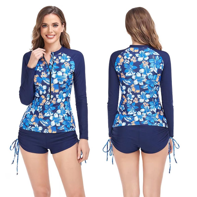 2023 new long-sleeved sunscreen swimsuit European and American high waist split surf suit cross-border bikini swimsuit female diving suit Floral color S - Image 4
