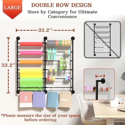 Ofiray-home Double 6Tier Ribbon Storage Organizer Large Capacity Wall Mount Ribbon Organizer with 12 Removable Rods Gift Bag Yarn Storage Holder for Craft Room Flower Shop DIY SuppliesWrapping Paper Metal - Image 3