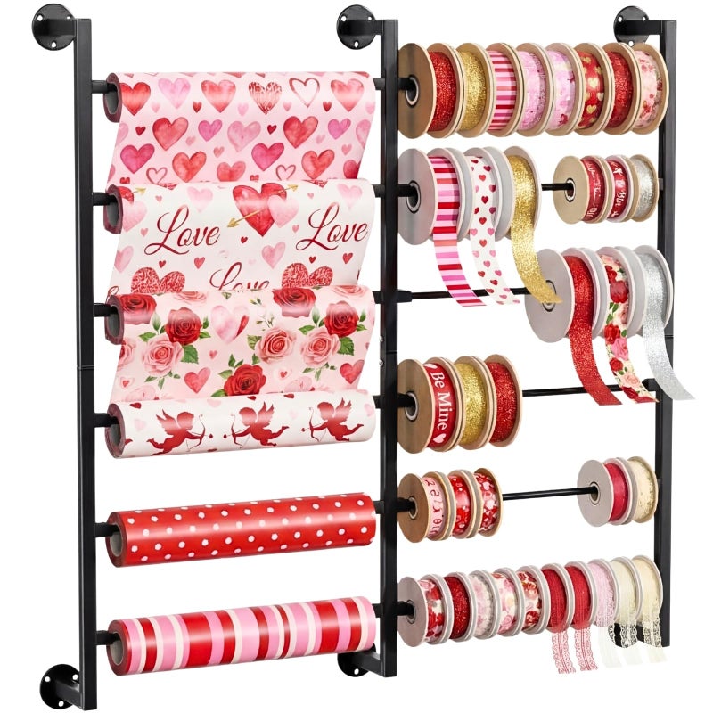 Ofiray-home Double 6Tier Ribbon Storage Organizer Large Capacity Wall Mount Ribbon Organizer with 12 Removable Rods Gift Bag Yarn Storage Holder for Craft Room Flower Shop DIY SuppliesWrapping Paper Metal - Image 2