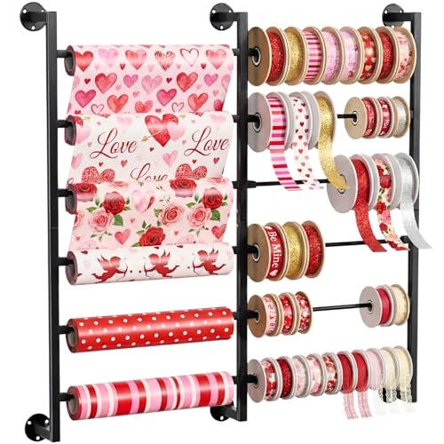 Ofiray-home Double 6Tier Ribbon Storage Organizer Large Capacity Wall Mount Ribbon Organizer with 12 Removable Rods Gift Bag Yarn Storage Holder for Craft Room Flower Shop DIY SuppliesWrapping Paper Metal - Image 1