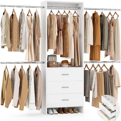 Aheaplus Closet System, Closet Organizer with 3 Wooden Drawers, Closet Organizer System, Walk-in Closet Wardrobe Clothes Rack with 4 Hanging Rods, Garment Rack, -4R, White - Image 1