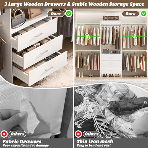 Aheaplus Closet System, Closet Organizer with 3 Wooden Drawers, Closet Organizer System, Walk-in Closet Wardrobe Clothes Rack with 4 Hanging Rods, Garment Rack, -4R, White - Image 4