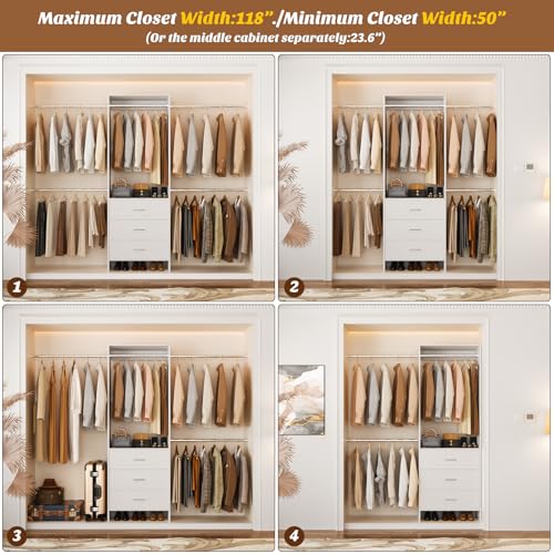 Aheaplus Closet System, Closet Organizer with 3 Wooden Drawers, Closet Organizer System, Walk-in Closet Wardrobe Clothes Rack with 4 Hanging Rods, Garment Rack, -4R, White - Image 5