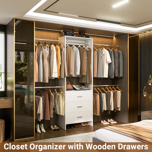 Aheaplus Closet System, Closet Organizer with 3 Wooden Drawers, Closet Organizer System, Walk-in Closet Wardrobe Clothes Rack with 4 Hanging Rods, Garment Rack, -4R, White - Image 2