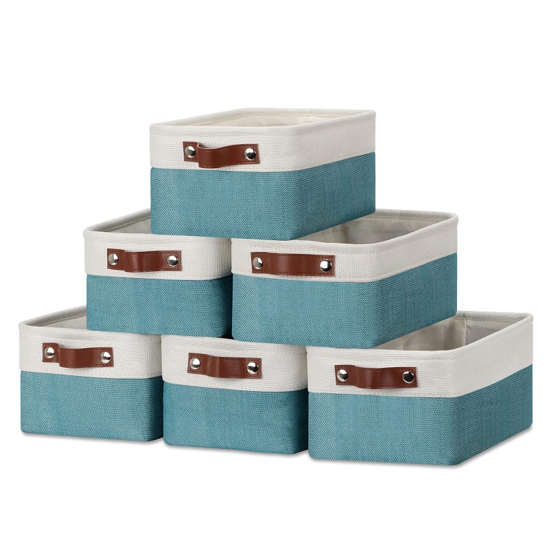 DULLEMELO Storage Baskets Bins for Organizing  Small Fabric Baskets for Shelves  Closets  Nursery  Home  Office  Empty Gift Baskets (6-Pack  White&Teal) - Image 1