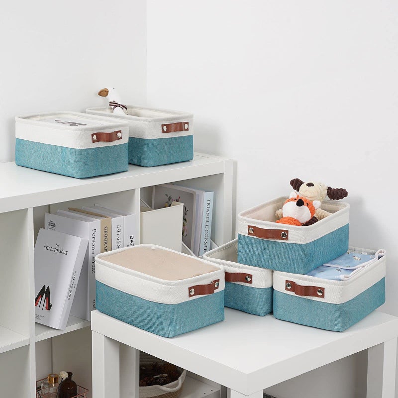 DULLEMELO Storage Baskets Bins for Organizing  Small Fabric Baskets for Shelves  Closets  Nursery  Home  Office  Empty Gift Baskets (6-Pack  White&Teal) - Image 5