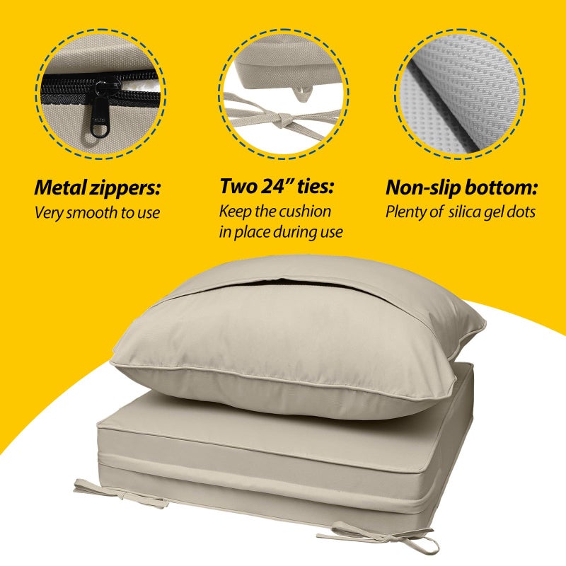 AAAAAcessories Outdoor Seat Cushions for Chairs, Fade-Resistant, Waterproof Patio Furniture Replacement Cushions, 23.5" x 25.5" x 5" + 23.5" x 19", Beige - Image 3