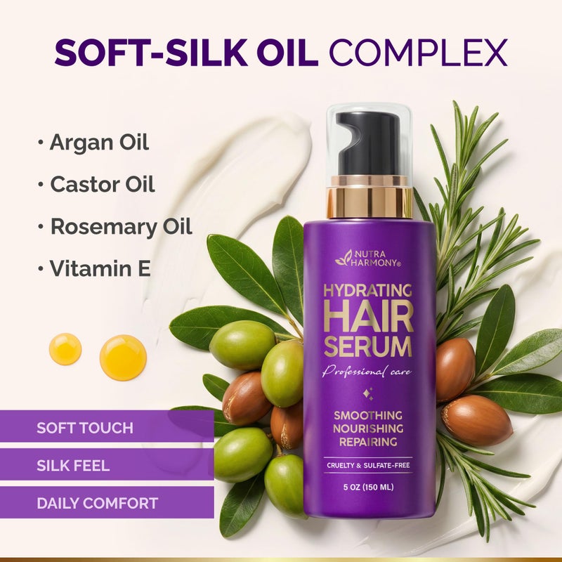 NUTRAHARMONY Hydrating Hair Serum for Dry & Frizzy Hair, Lightweight Leave-In Anti-Frizz Treatment, Non-Greasy Split Ends Repair with Keratin, Biotin, Castor & Rosemary Oils, Smooth Shine & Heat Protection, 5 oz - Image 5