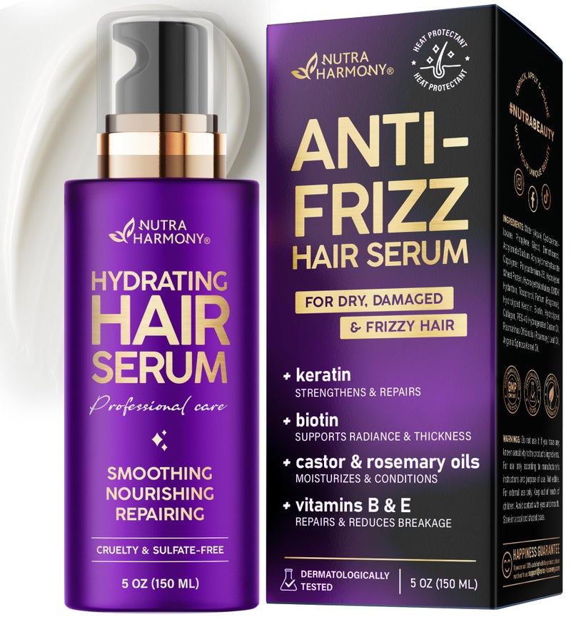 NUTRAHARMONY Hydrating Hair Serum for Dry & Frizzy Hair, Lightweight Leave-In Anti-Frizz Treatment, Non-Greasy Split Ends Repair with Keratin, Biotin, Castor & Rosemary Oils, Smooth Shine & Heat Protection, 5 oz - Image 1