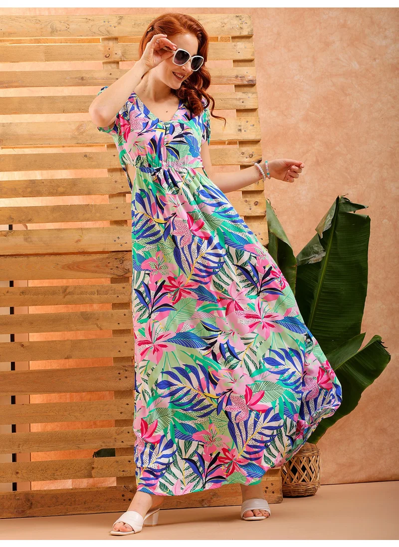 Freehand Women Casual Flare Tropical Printed V-Neck Short Dress