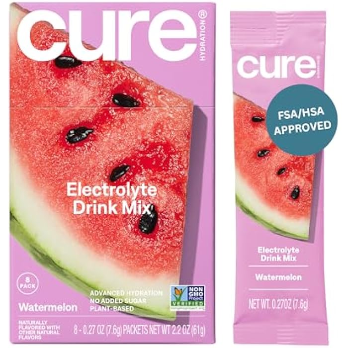 Cure Hydration مشروب إلكتروليت من نباتات كير هايدريشن | بدون سكر مضاف | تخفيف الجفاف | مسحوق ماء جوز الهند | مؤهل لـ FSA-HSA | غير معدل وراثيًا، نباتي | 8 عبوات - بطيخ - Image 1