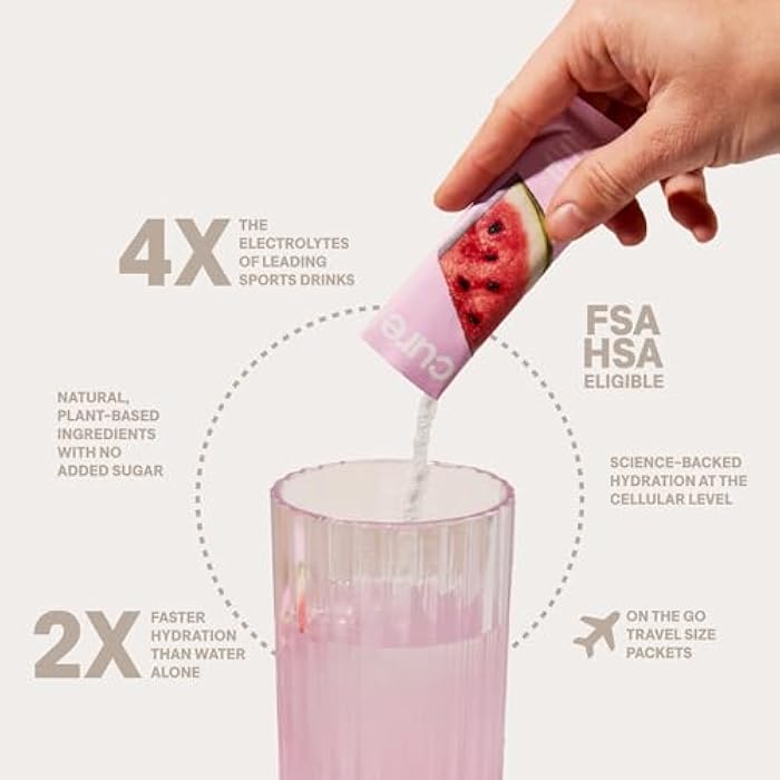 Cure Hydration مشروب إلكتروليت من نباتات كير هايدريشن | بدون سكر مضاف | تخفيف الجفاف | مسحوق ماء جوز الهند | مؤهل لـ FSA-HSA | غير معدل وراثيًا، نباتي | 8 عبوات - بطيخ - Image 3