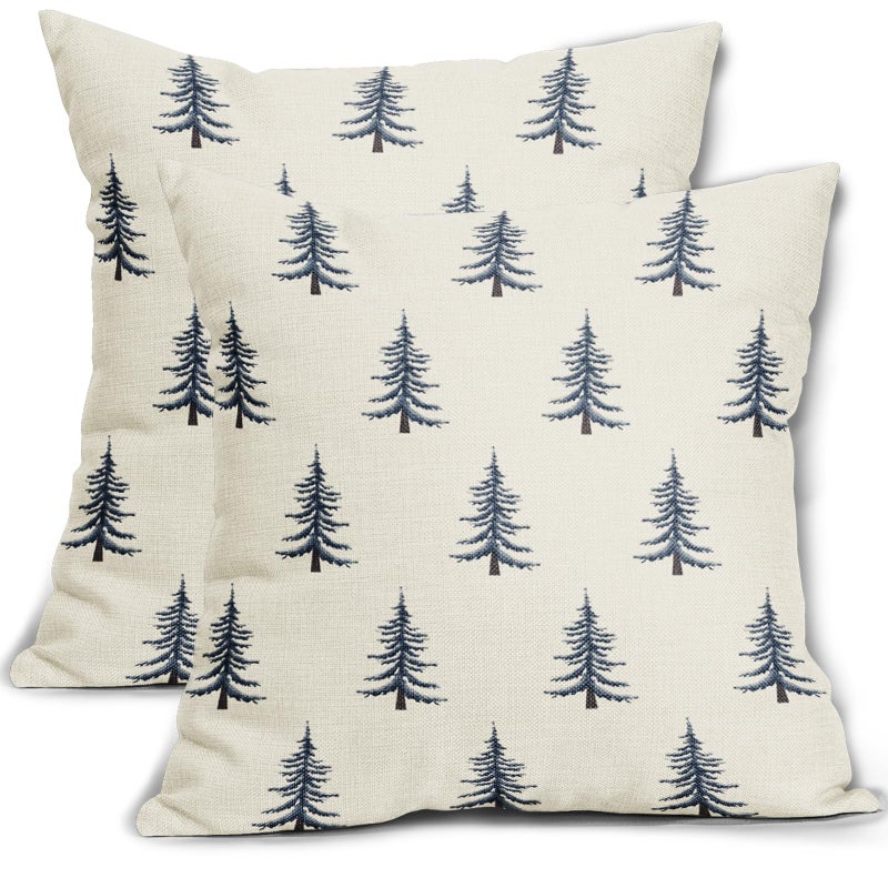 Sivirary Christmas Pillow Covers 18x18 Inch Set of 2 Xmas Tree Blue Cream Decorative Throw Pillowcases Outdoor Winter Farmhouse Holiday Cushion Cases Decor for Sofa Couch Bed - Image 2