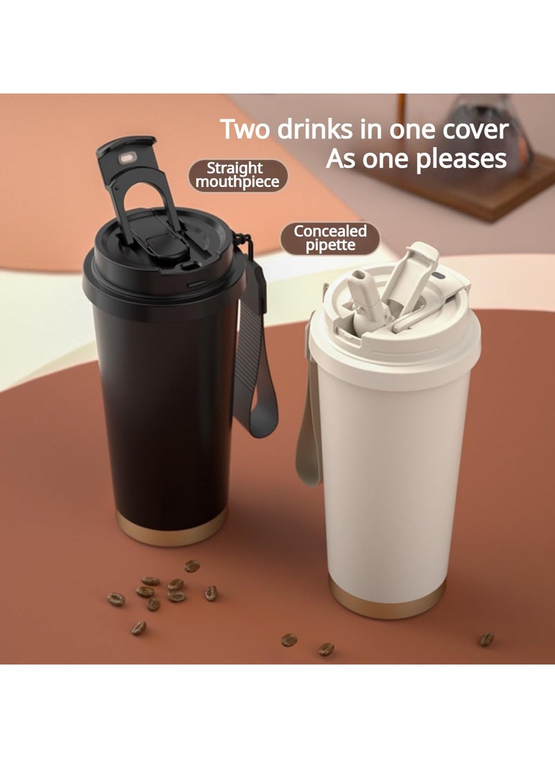 SOLARAE Stainless steel large capacity coffee cup thermos cup, ceramic coating inner liner 18oz, With Leakproof Lid and Flip Straw, hidden straw with rope, suitable for home, office, car travel (White) - Image 2