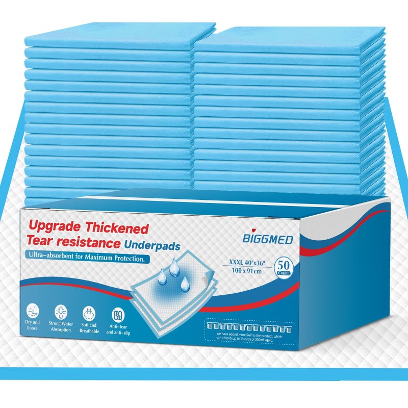 BIGGMED Tear-Resistant Incontinence Bed Pads 40'' x 36'' (50 Count ) with 130 Gram Heavy Duty Disposable Underpads Chucks Pads for Adults, Kids & Elderly | Protection Pads for Bed, Sofa, and Chair - Image 1