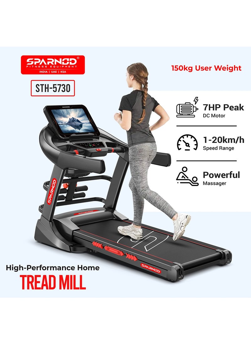 Sparnod Fitness - Sparnod Fitness STH-5730 Treadmill for Home Use | 7HP Peak DC Motor, Auto Incline, 15.6” Touch Screen, Bluetooth Speaker, Hydraulic Foldable Running Machine for Home Gym, 150Kg Capacity, Shock Absorption - Image 1