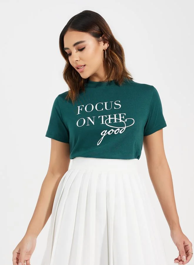 Styli Regular Fit Focus On The Good Slogan Print T-Shirt