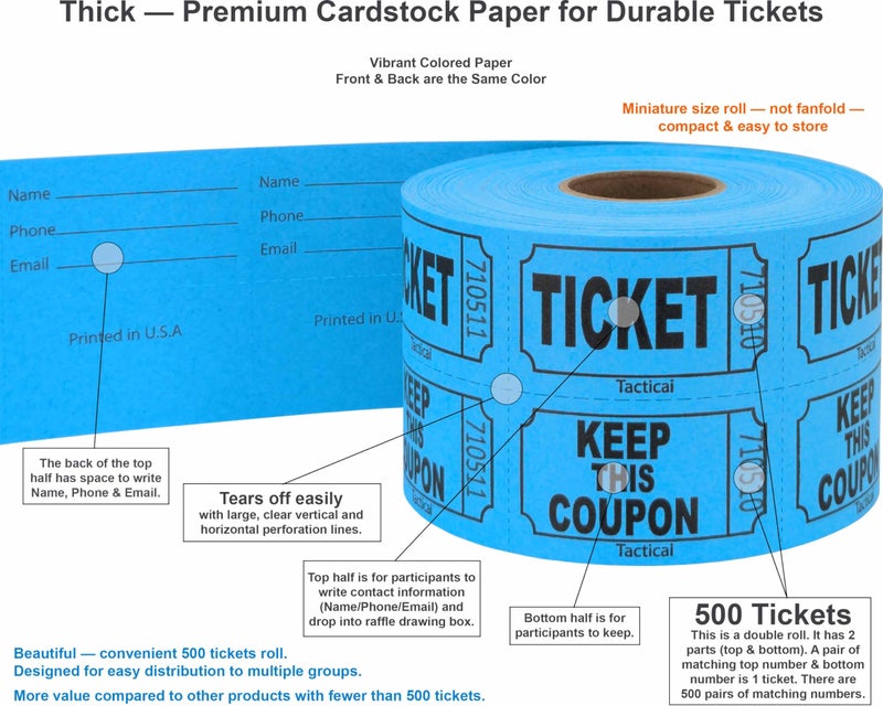 Tacticai 500 Raffle Tickets, Blue (1 of 8 Colors), Double Roll, Ticket for Events, Entry, Class Reward, Fundraiser & Prizes - Image 2