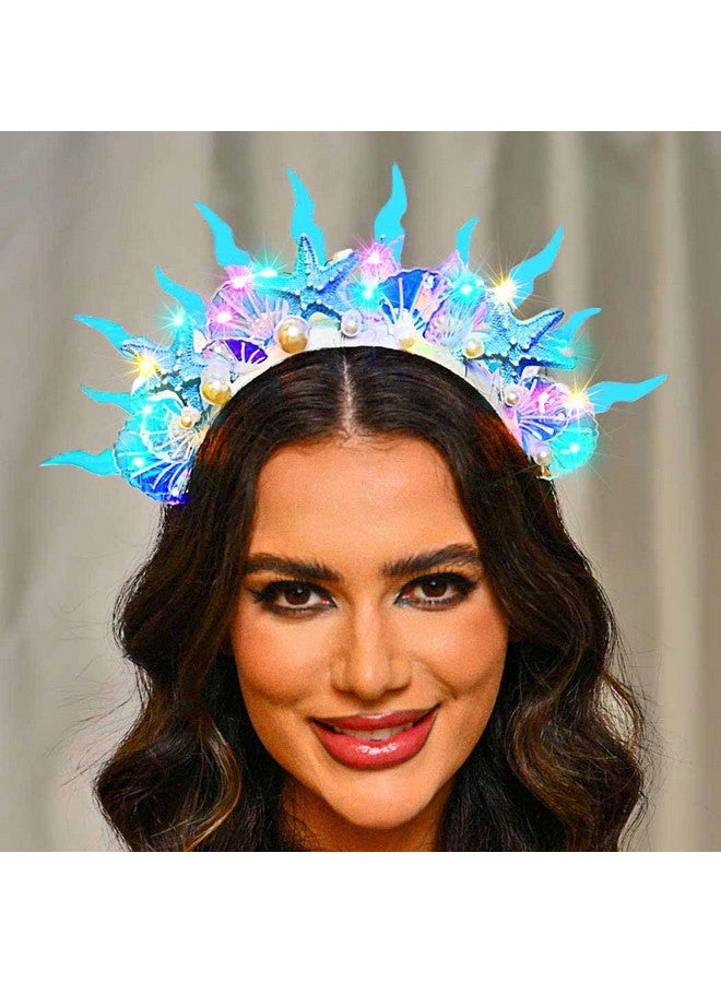 Zoestar Light Up Mermaid Starfish Headband Glow Led Shell Hair Bands Pearl Costume Hair Accessories For Women - Image 1
