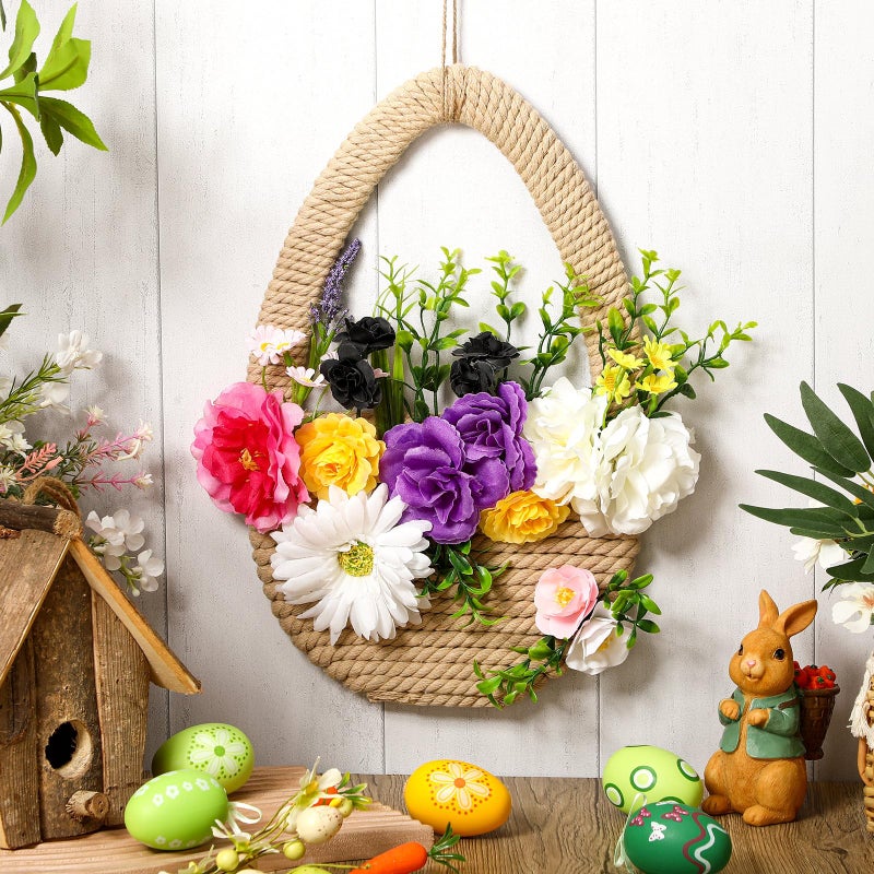 Lineshading Spring Wreath for Front Door Easter Wreath Basket Artificial Floral Hanging Basket with Woven for Easter Holiday Party Farmhouse Window Porch Door Decor(Lively) - Image 1