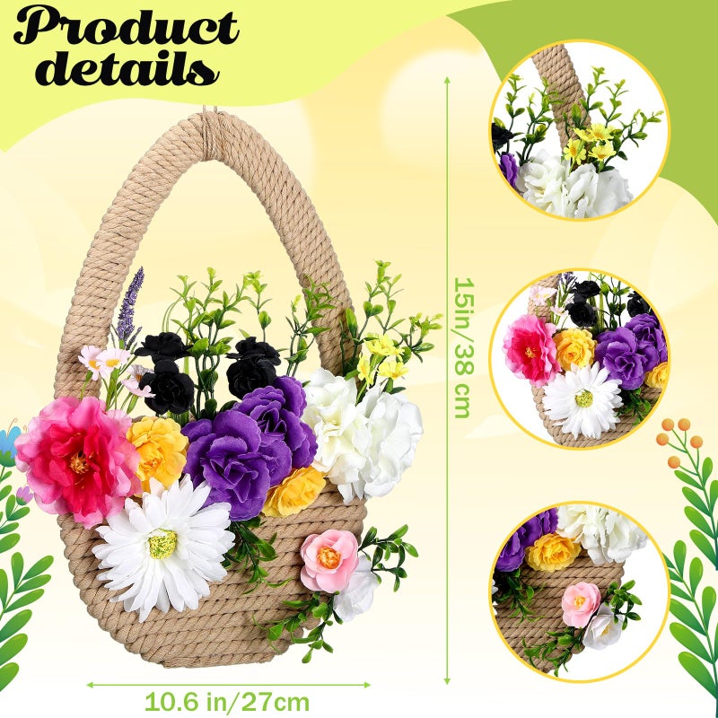 Lineshading Spring Wreath for Front Door Easter Wreath Basket Artificial Floral Hanging Basket with Woven for Easter Holiday Party Farmhouse Window Porch Door Decor(Lively) - Image 2