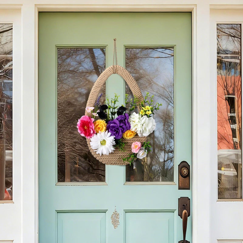 Lineshading Spring Wreath for Front Door Easter Wreath Basket Artificial Floral Hanging Basket with Woven for Easter Holiday Party Farmhouse Window Porch Door Decor(Lively) - Image 3