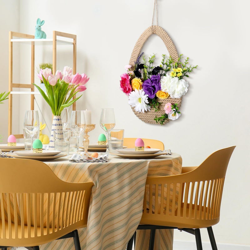 Lineshading Spring Wreath for Front Door Easter Wreath Basket Artificial Floral Hanging Basket with Woven for Easter Holiday Party Farmhouse Window Porch Door Decor(Lively) - Image 4