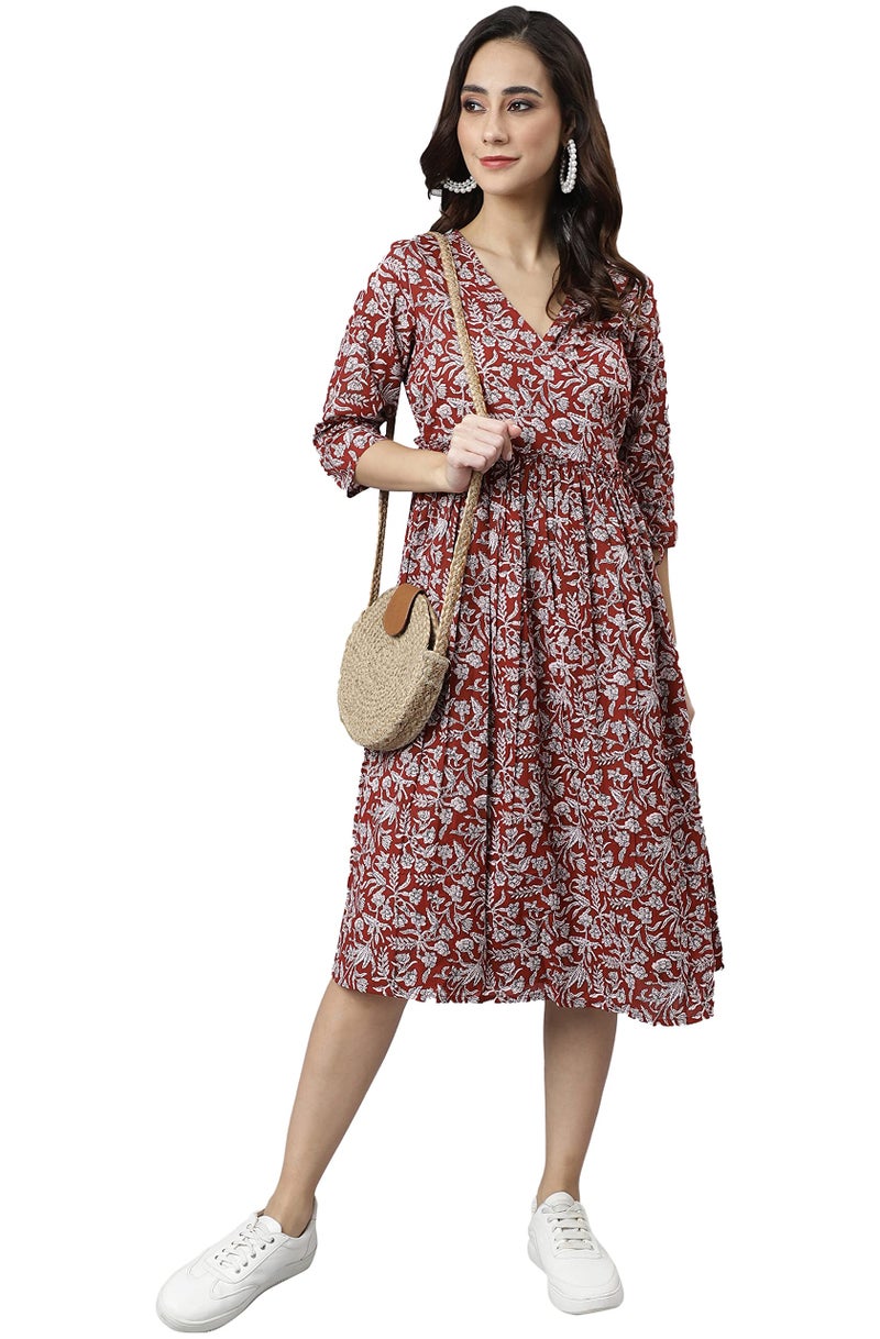 Janasya Women's Maroon Cotton Floral Print Angrakha Dress(JNE3936-DR-M) - Image 3