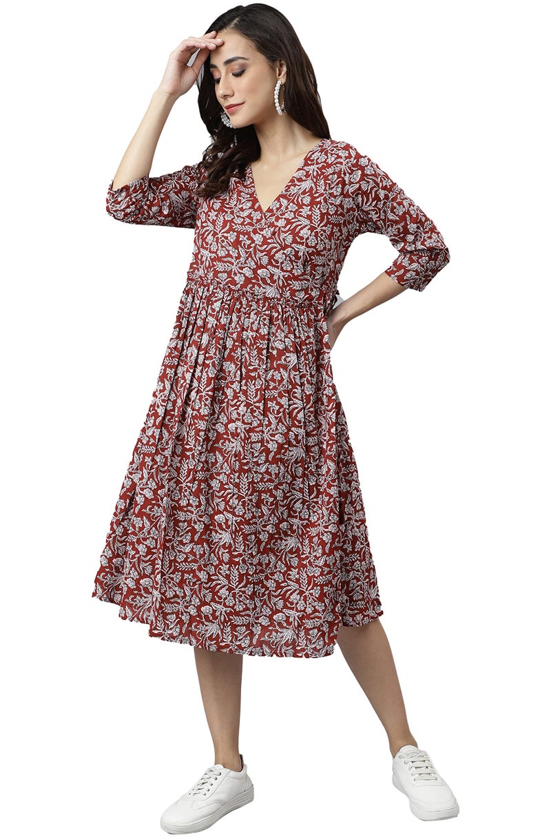 Janasya Women's Maroon Cotton Floral Print Angrakha Dress(JNE3936-DR-M) - Image 1