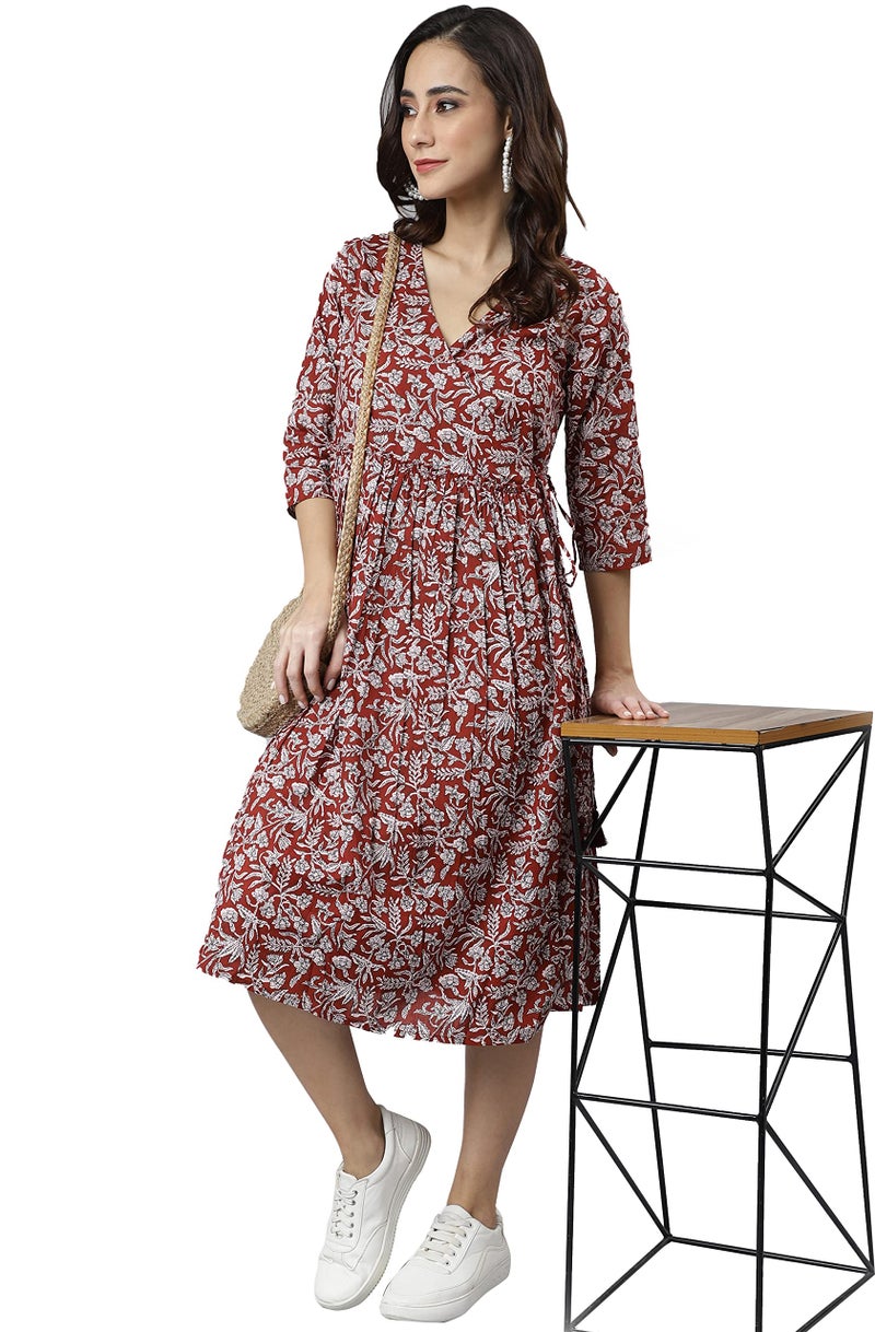 Janasya Women's Maroon Cotton Floral Print Angrakha Dress(JNE3936-DR-M) - Image 2