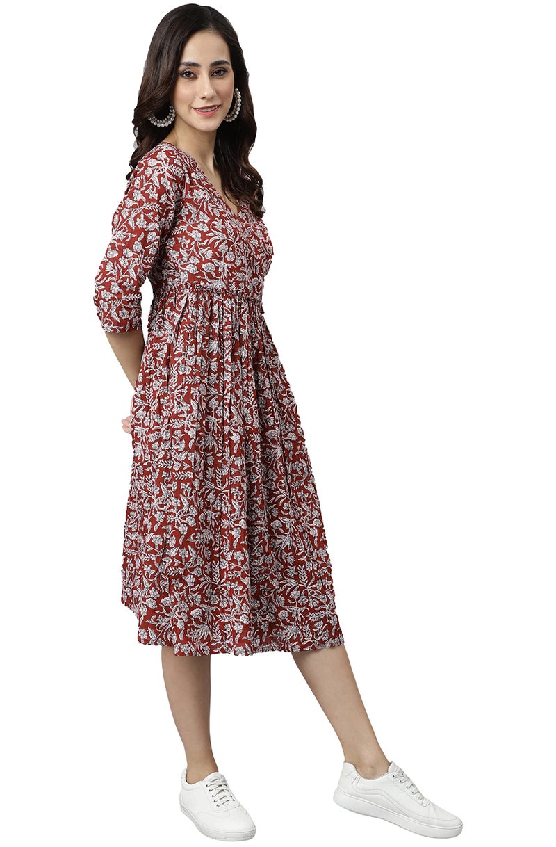 Janasya Women's Maroon Cotton Floral Print Angrakha Dress(JNE3936-DR-M) - Image 5