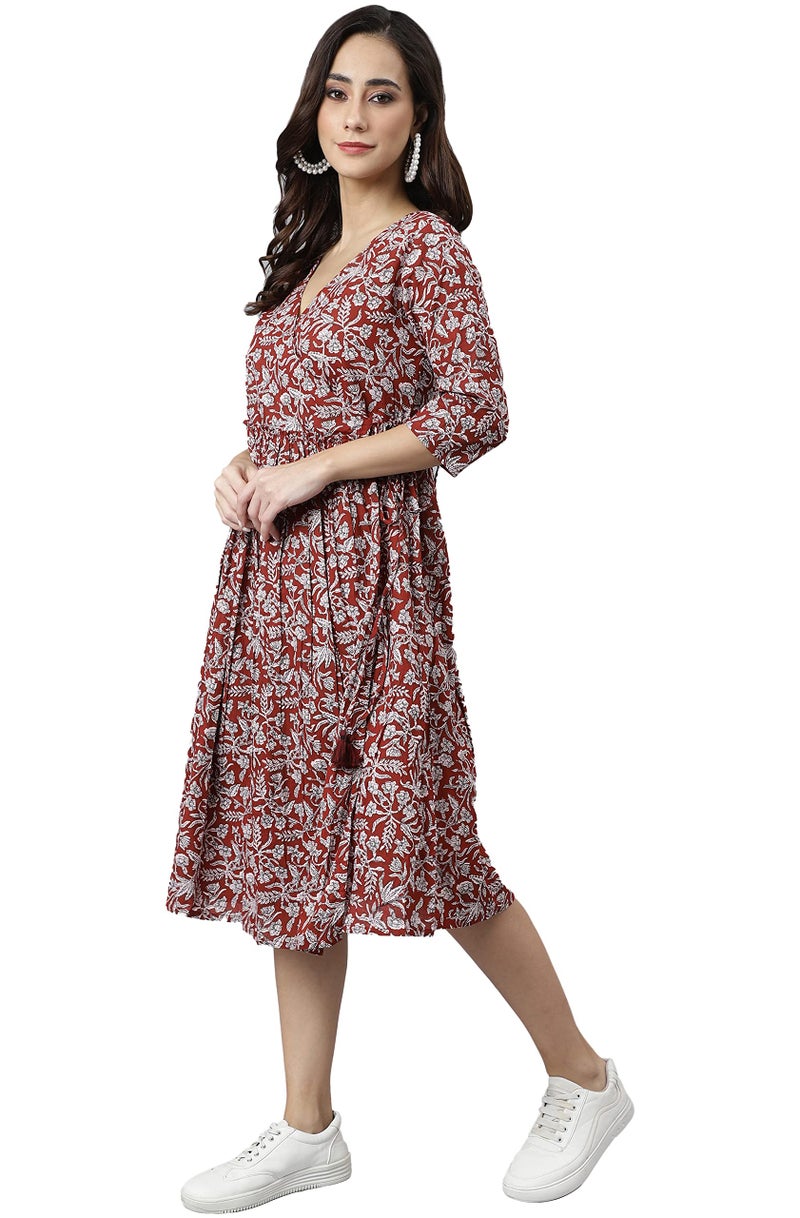 Janasya Women's Maroon Cotton Floral Print Angrakha Dress(JNE3936-DR-M) - Image 4