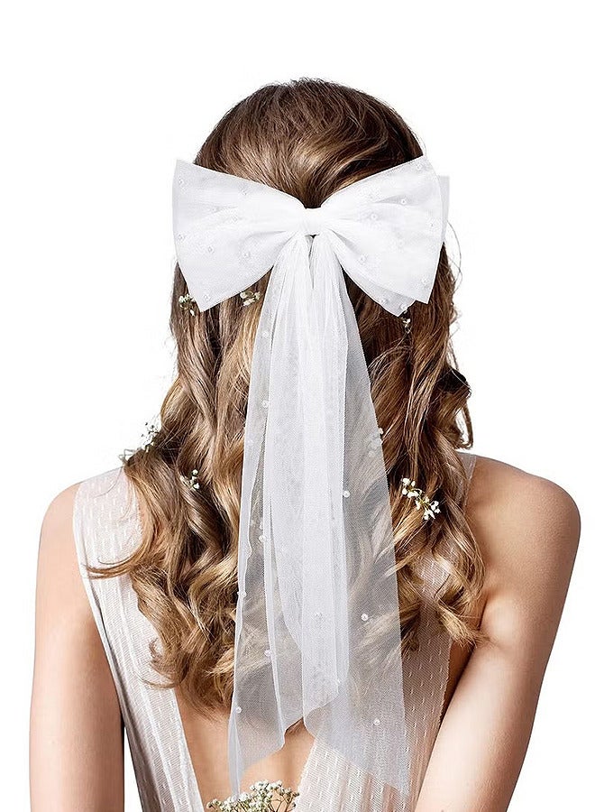 Depend Mesh Ribbon Hairpin, Bridal Bow Veil, Pearl White Hairpin, Wedding Dress Temperament Girl Top Clip, Bridal Bridesmaid Hair Accessories (Pearl Bow, White) - Image 1