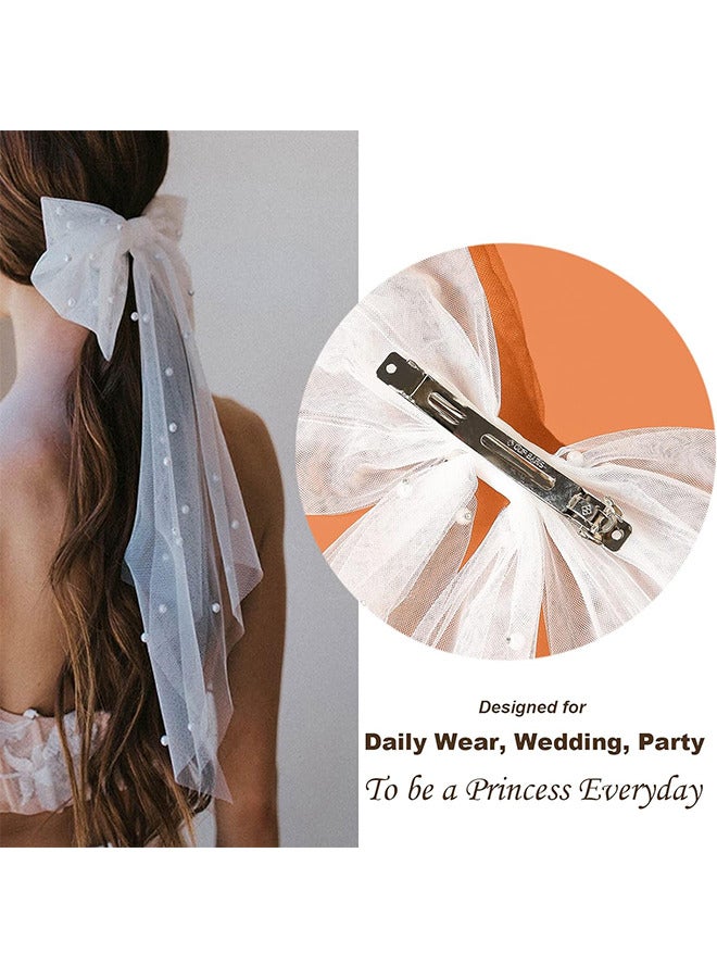 Depend Mesh Ribbon Hairpin, Bridal Bow Veil, Pearl White Hairpin, Wedding Dress Temperament Girl Top Clip, Bridal Bridesmaid Hair Accessories (Pearl Bow, White) - Image 3