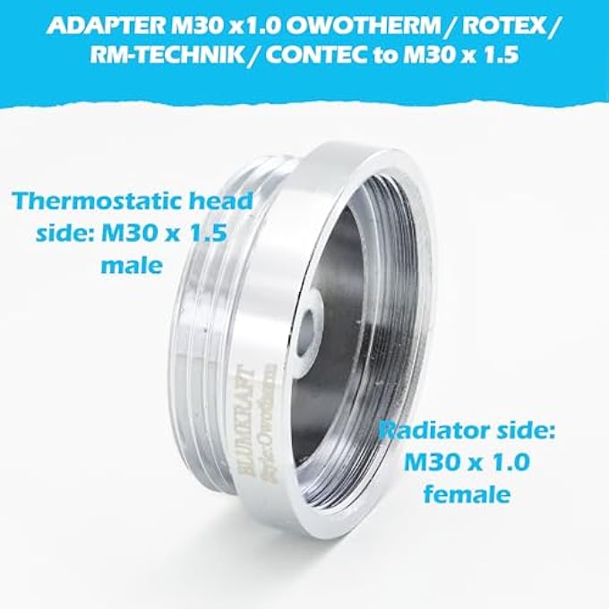 METAL ADAPTER COMPATIBLE WITH OWOTHERM/ROTEX/RM-TECHNIK/CONTEC RADIATORS M30 X1.0 (PROTOTYPE) TO M30 X 1.5 FOR THERMOSTAT/THERMOSTATIC HEAD M30X1.5 MALE - Image 3